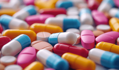 创意药物药品药丸各种颜色彩色的药片和胶囊