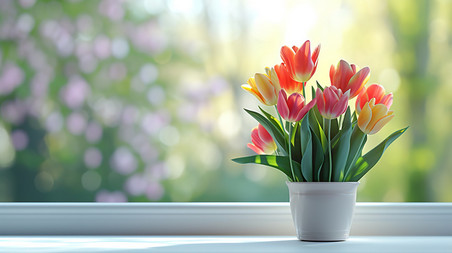 创意春季白色窗台春天郁金香盆栽背景