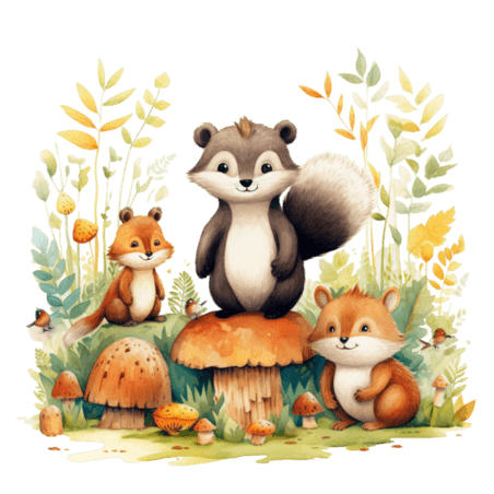 创意ai绘画小动物绘本可爱童话松鼠丛林伙伴元素免抠图案