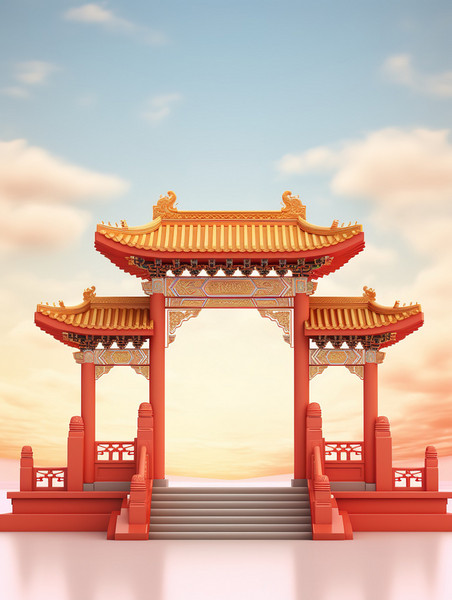 创意美丽的拱门国潮中国风大门春节年货节古建筑背景