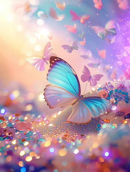 创意梦幻般的蝴蝶粉彩闪光插画紫色浪漫壁纸