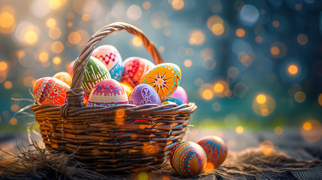 创意草地上篮子的彩蛋复活节梦幻背景