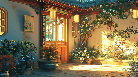 创意手绘古色古风古建筑庭院春天中国风四合院游戏场景