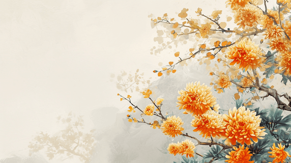 创意简约中国风植物菊花清新唯美树枝花朵开放的插画19