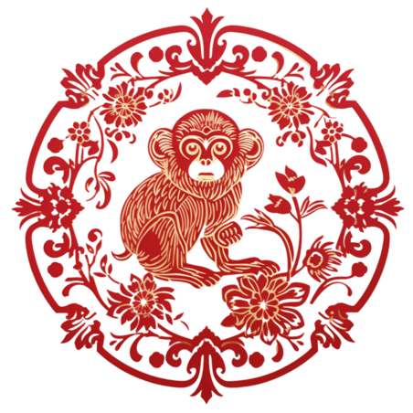 创意红色剪纸风传统十二生肖猴元素窗花