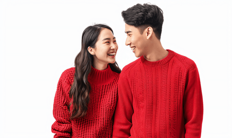 创意新年春节情侣装红色毛衣拜年亚洲人像摄影
