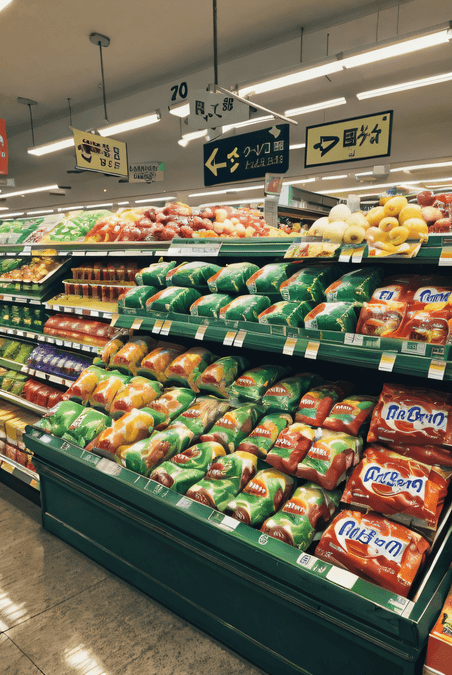 创意超市货架上的零食陈列货架摄影图