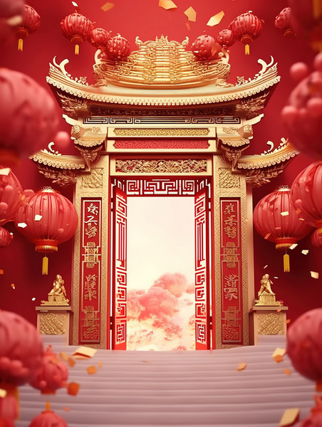 创意年货新年红色中国风国潮中式建筑大气背景