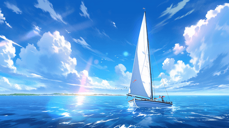 创意手绘蓝天白云海上帆船的航海励志大海插画7