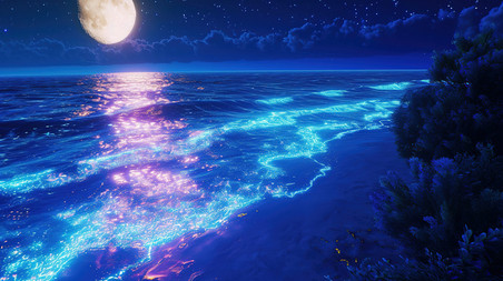 创意海边蓝眼泪水母发光海洋大海旅游夜景