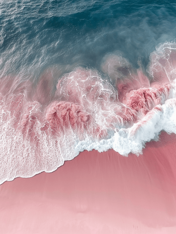 创意航拍俯视大海沙滩浪花的粉色沙滩旅游