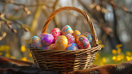 创意草地上篮子的彩蛋复活节背景素材