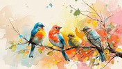 创意彩色水彩树枝上的鸟春天植物插画111