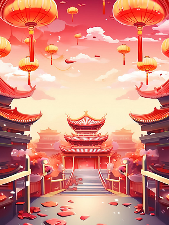 创意新年壁纸喜庆建筑灯笼跨年除夕元宵节背景插图