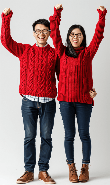 创意情侣新年红色毛衣拜年亚洲人像摄影春节