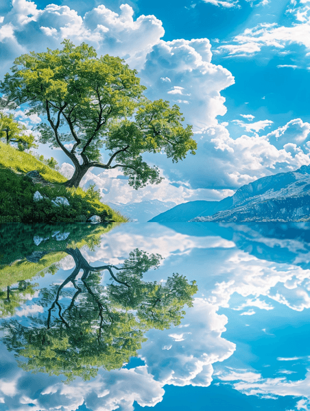 创意蔚蓝的天空和洁白的云朵倒影湖面