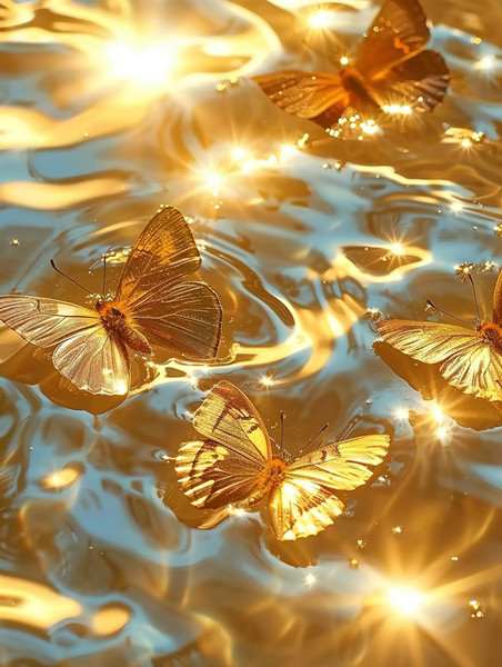 金色创意水面上闪闪发光橙色的蝴蝶插画浪漫壁纸