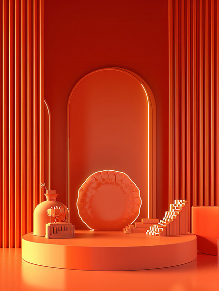 创意橙色舞台新年3D背景春节简约类电商展台