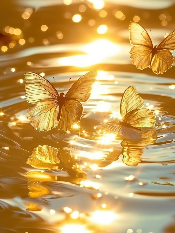 创意水面上闪闪发光橙色的蝴蝶金色插画浪漫壁纸素材