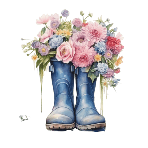 创意矢量艺术胶鞋元素免抠图案水彩可爱雨鞋花朵