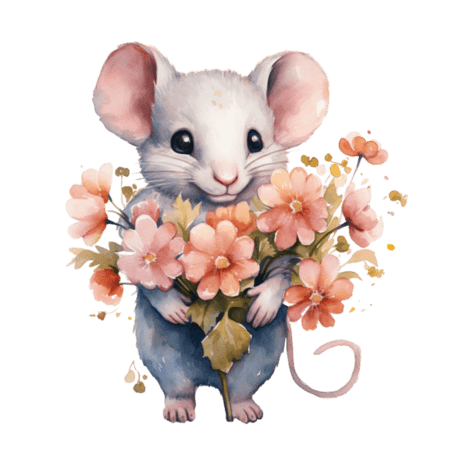 创意造型花朵和拟人卡通送花老鼠元素免抠图案