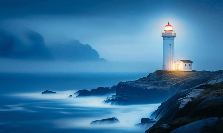 创意海岸上伫立的灯塔大海岛屿孤独感摄影图