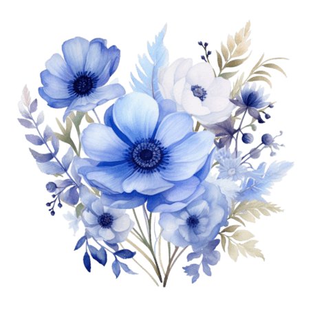 创意绘画蓝色花束春天水彩植物花朵元素免抠图案