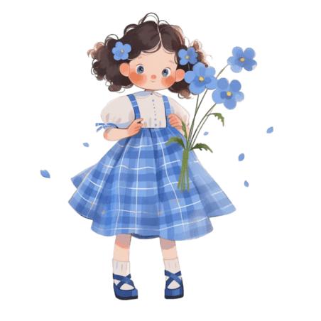 创意蓝色水彩人物儿童春天手绘可爱女孩花卉卡通元素