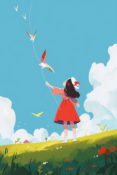 创意春天放风筝可爱女孩手绘插画园游玩纸鸢插画