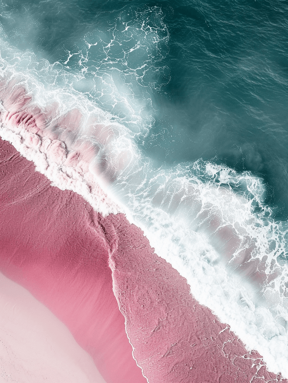创意航拍俯视大海沙滩浪花的场景图粉色沙滩旅