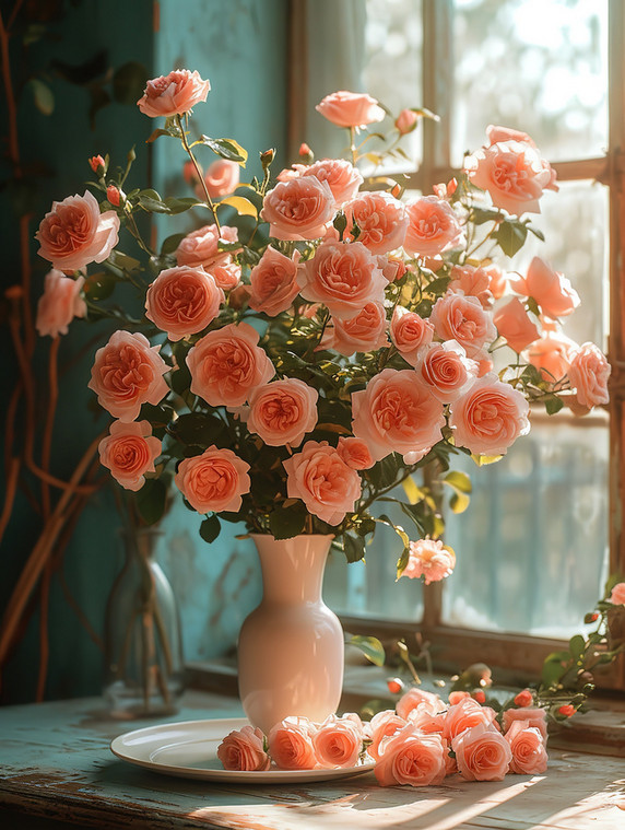 创意浪漫情人节桌子上摆满玫瑰设计图