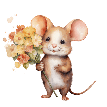 创意简约花朵和老鼠水彩拟人可爱卡通元素免抠图案