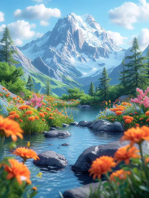 创意可爱的风景与岩石雪山原创插画游戏场景
