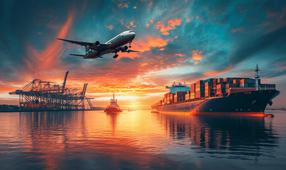 创意黄昏的天空物流国际集装箱船舶货物货机