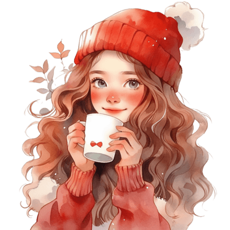 创意冬天元素新年可爱女孩咖啡手绘温暖头像