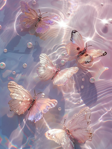 紫色浪漫美丽水池中珍珠水晶蝴蝶淡粉色素材