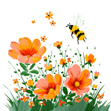 创意春天菊花植物蜜蜂花朵手绘卡通元素