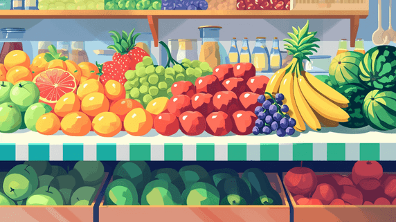 创意超市货架手绘水果店各式各样水果场景插画11