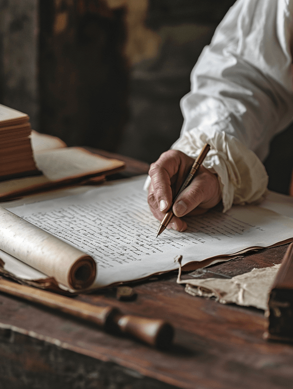 创意商务办公在文件上写作的商人文档工作复古中世纪