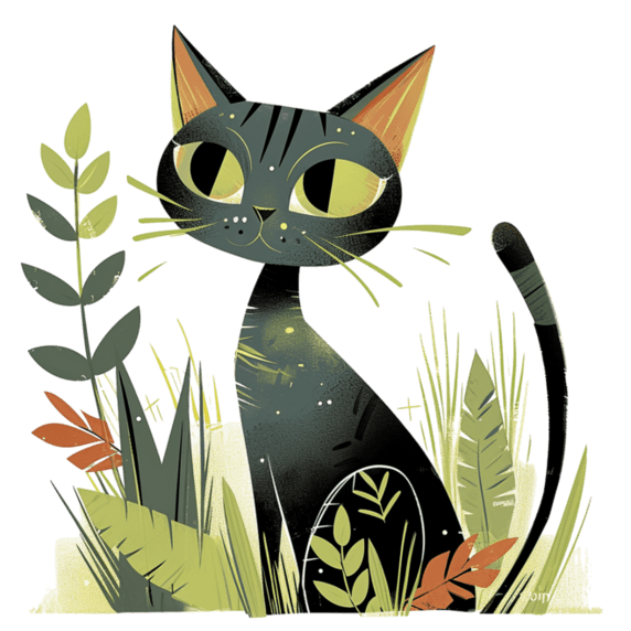 创意春天可爱扁平黑色小猫手绘绿植卡通元素