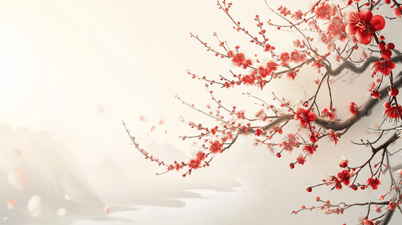 创意简约清新唯美树枝花朵开放的中国风植物红梅插画18