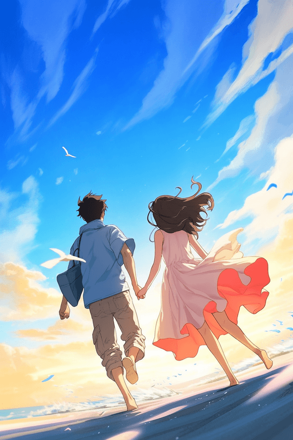 浪漫约会情人节手绘情侣散步沙滩卡通素材