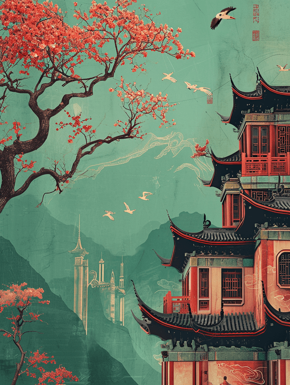 创意中国风古典建筑中式意境庭院风景插画19