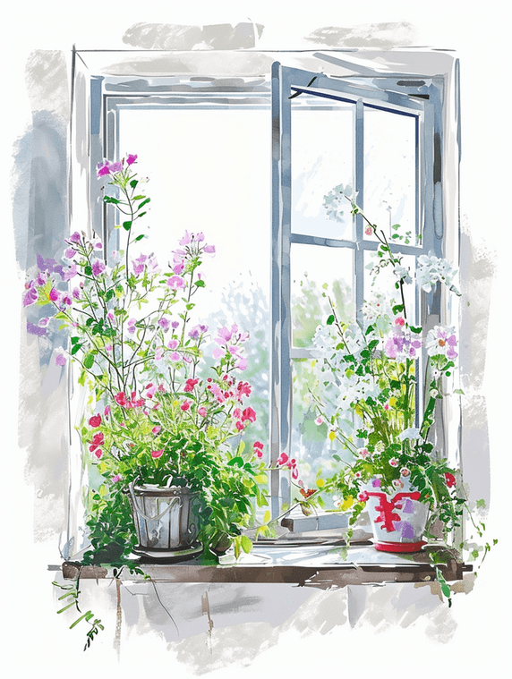 创意手绘水彩春天春季窗台摆放的花卉爬藤插画4