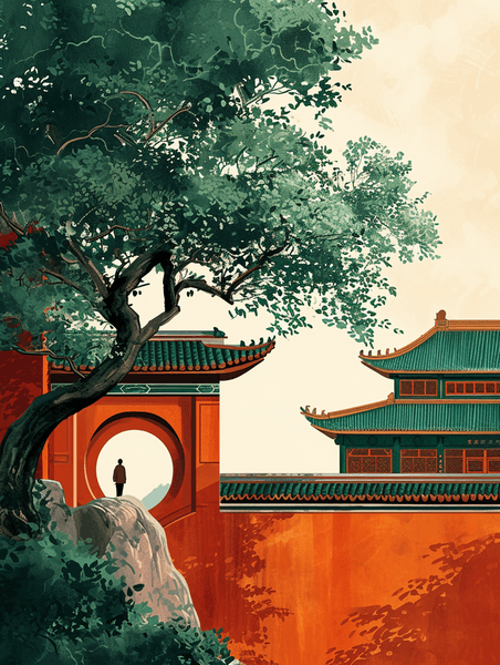 绿色复古创意中国手绘庭院建筑古风古院的插画2