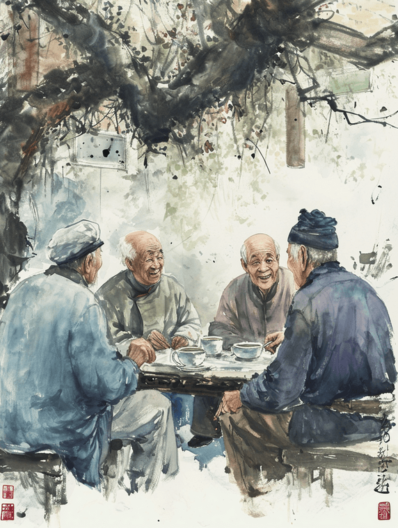 创意老年朋友欢聚喝茶聊天国画中国风插画