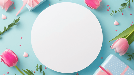 创意春天蓝色清新情人节郁金香花朵白色圆框平铺背景