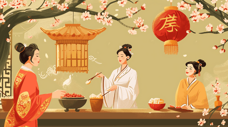 创意中国古代女子聚会聊天中国风插画20