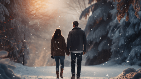 创意冬天散步浪漫唯美雪地里散步的情侣