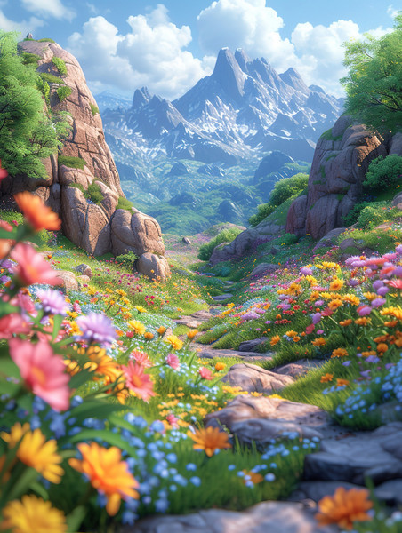 创意可爱的风景与岩石雪山插画游戏场景